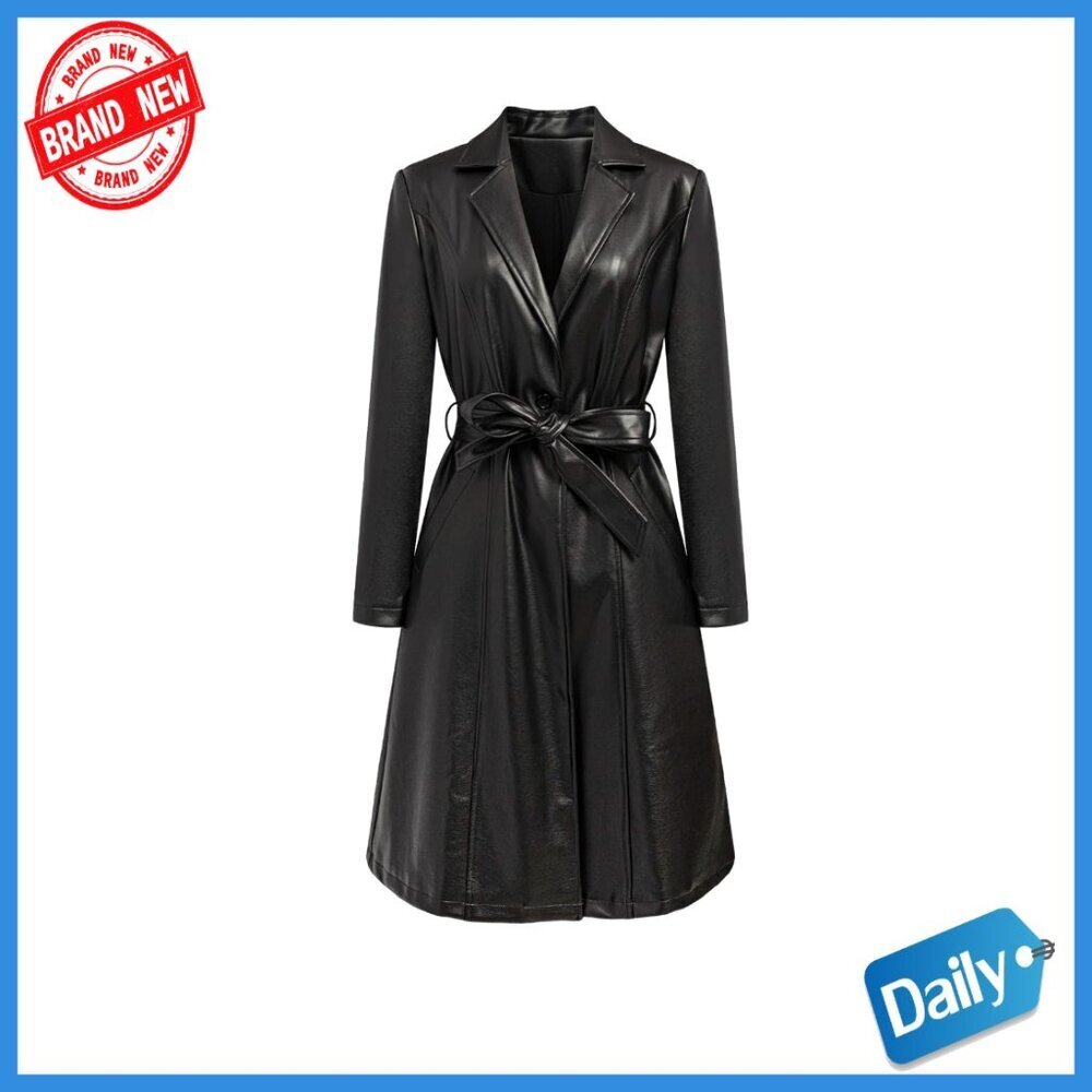 Faux Leather Trench Coat with Belt, Mid-Length Motorcycle Style, Long Sleeve